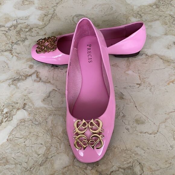 Précis Pink Patent Leather & Monogram Buckle Ballerina Flats - Picture 1 of 11